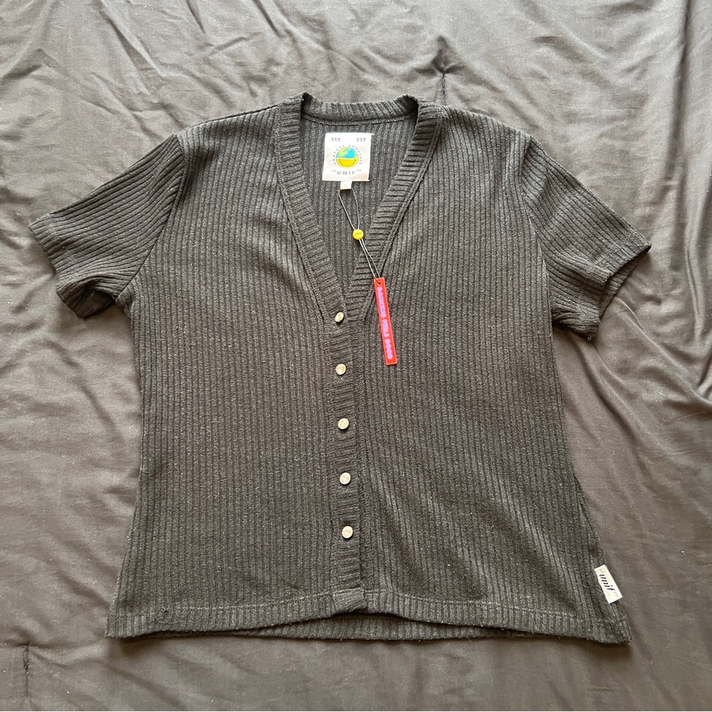 UNIF Black Ribbed Button-Up Rhinestone Top